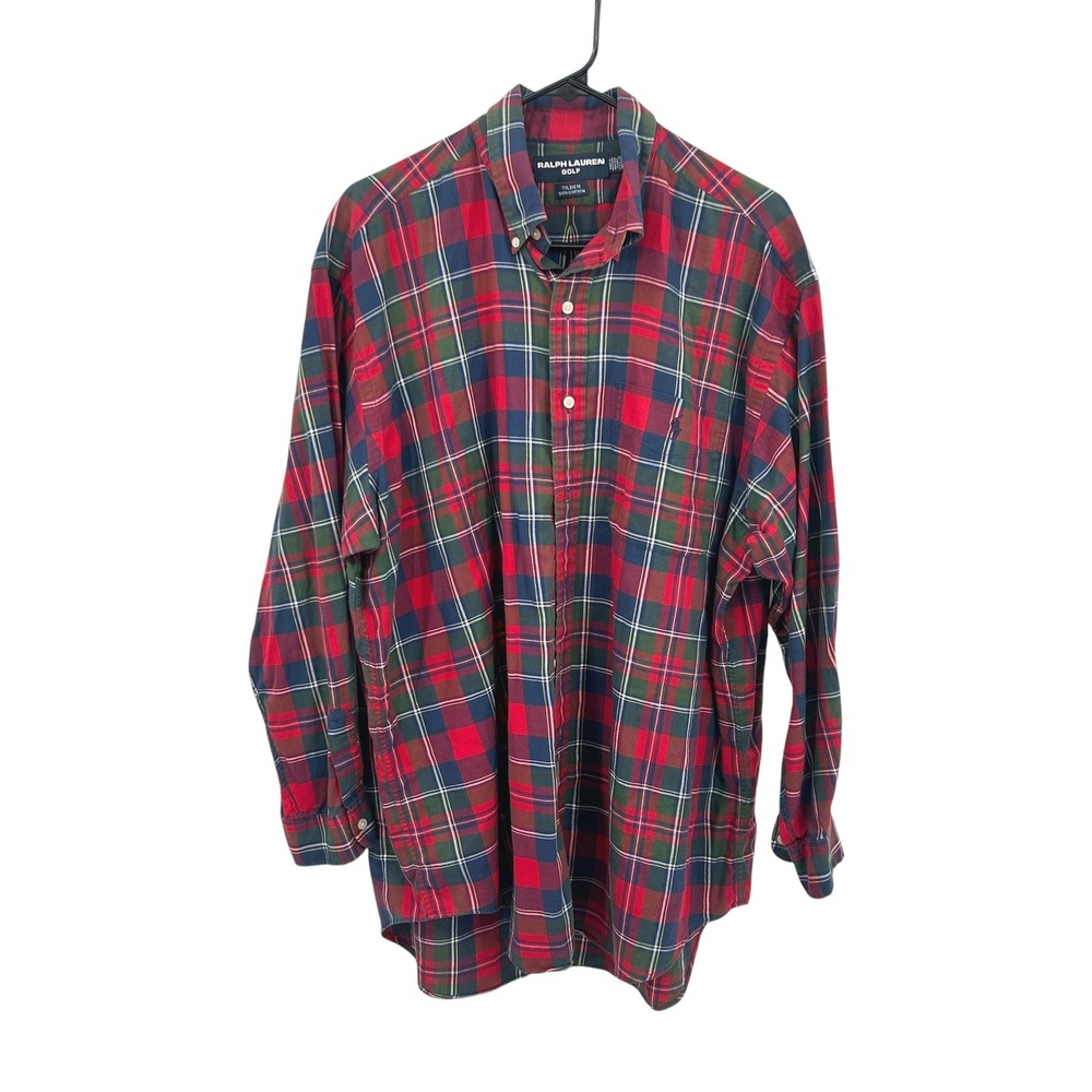 Ralph Lauren Golf Tilden Plaid Button‎ Down Shirt L Red Green Tartan Preppy